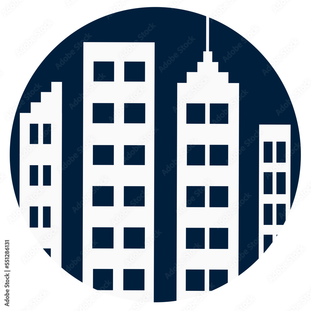 Illustration of Buildings inside a Dark Blue Circle Illustration of Buildings inside a Dark Blue Circle