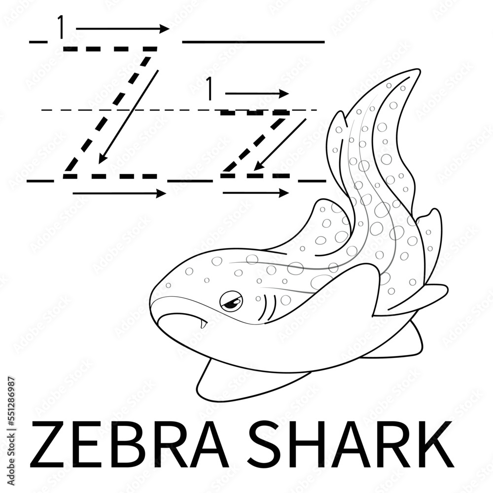 Cute Sea Animal Alphabet Series. Z is for Zebrashark. Vector cartoon ...