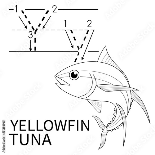 Cute Sea Animal Alphabet Series. Y is for Yellowfin tuna. Vector cartoon character design illustration.
