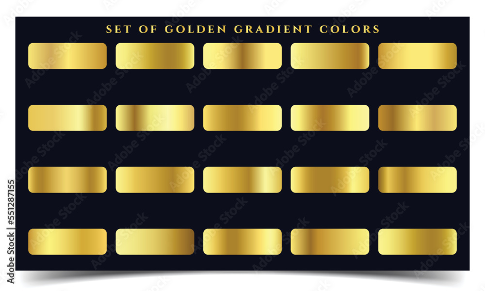 Big set of metallic gold gradients. gold gradient vector palette for background template. elegant Gold gradient color metallic set collection. Vector