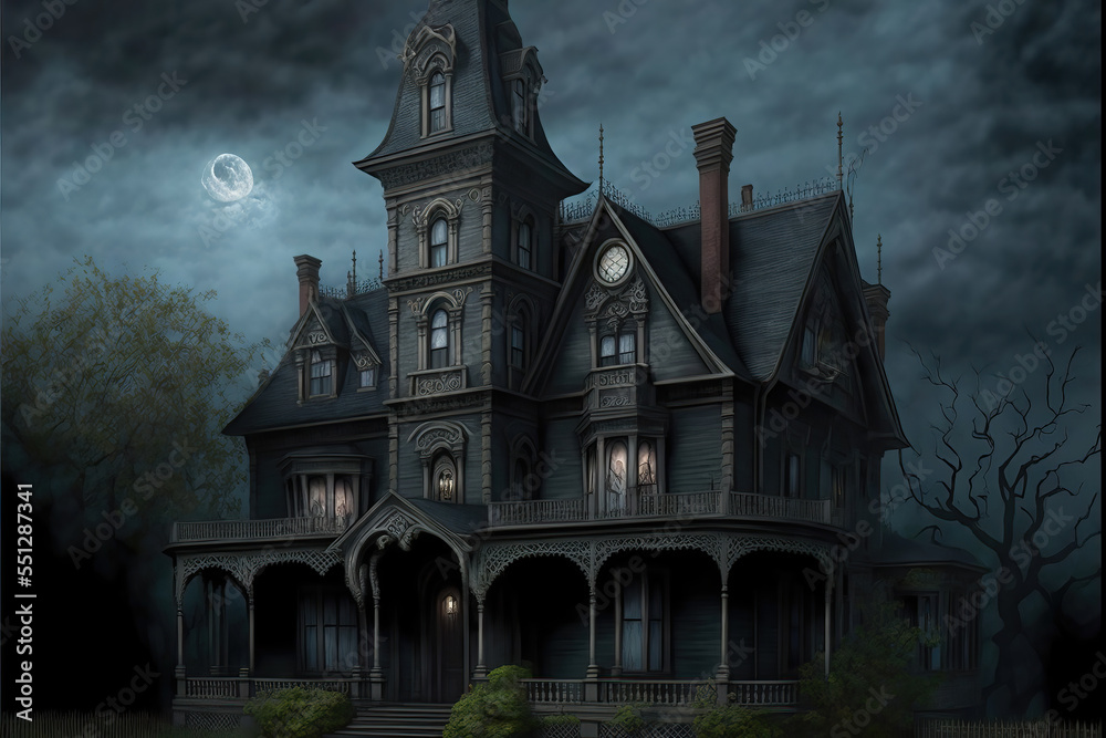 AI generated image of a creepy scary haunted mansion at the edge of the town. Halloween
