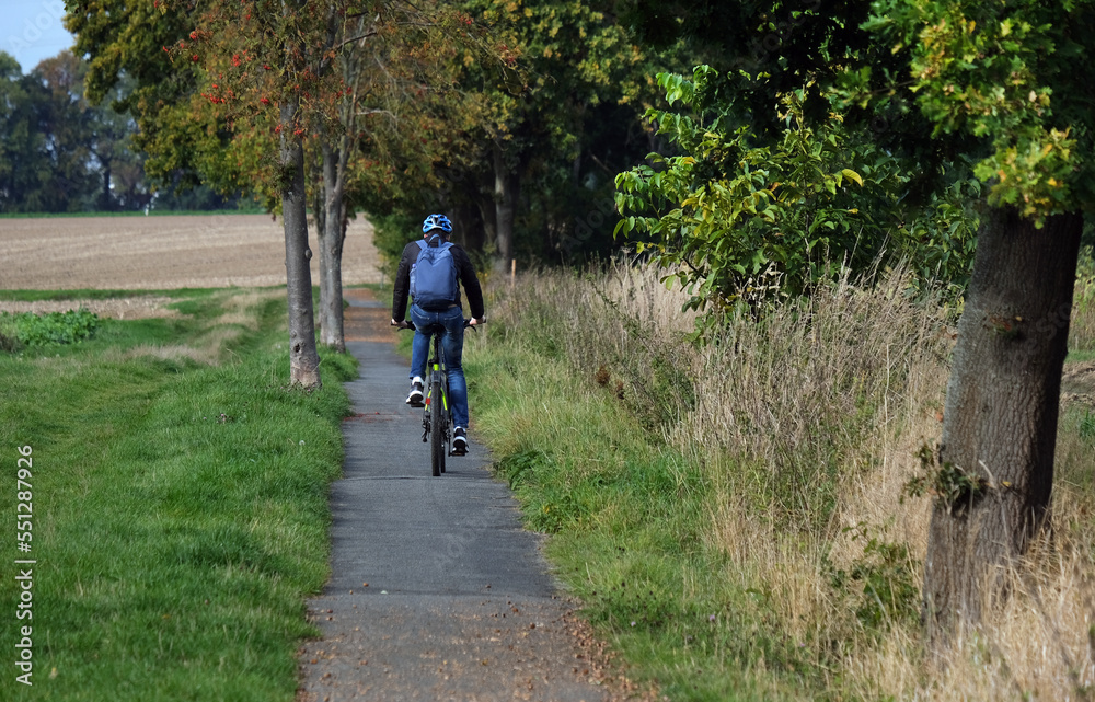 Fahrradfahrer mit Rucksack und Helm auf einem asphaltierten Fahrradweg mit Schäden am Waldesrand neben Feldern und Wiesen im Sommer oder Herbst, selektiver Fokus, viel Copy Space