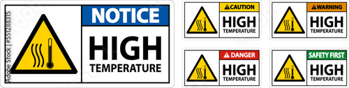 Caution High temperature symbol and text safety sign.