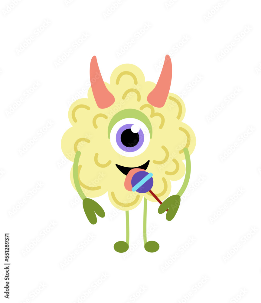 Cute monster with antler and lollipop chupa chups. Flat, cartoon, vector