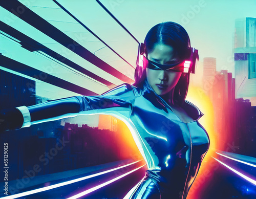 Splendid futuristic woman in cyberpunk world with VR headset portrait with glowing ultraviolet neon light ray. Digital art AI generated image cybergirl in bodysuit with futuristic glowing VR headset. photo