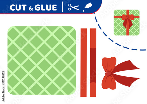 Green present with bow. Cut and glue. Application work. Paper game. Vector