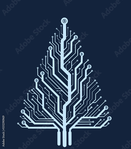 Merry Christmas bitcoin symbol banner. Christmas card. electrical circuit with bitcoin sign as christmas bauble ball. Greeting card. Image for xmas, finance, banking, cryptocurrency. 