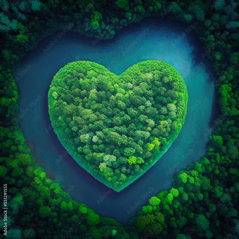 Heart shape island in the forest from aerial view in concept of environment caring devotion, water sustainability and global warming protection . - obrazy, fototapety, plakaty 