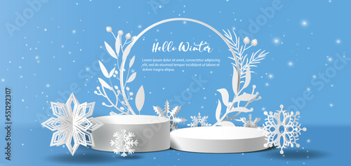 Winter sale product banner, 
podium platform with geometric shapes and snowflakes background, paper illustration, and 3d paper.