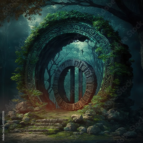 Raster illustration of a portal in the clearing in the forest. mythological portal for teleportation. Magic realism  science fiction  another world  parallel worlds. 3D artwork rendering design  AI 