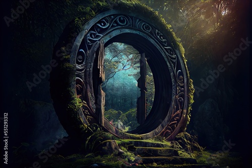 Raster illustration of a portal in the clearing in the forest. mythological portal for teleportation. Magic realism  science fiction  another world  parallel worlds. AI 