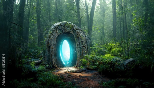 Raster illustration of a portal in the clearing in the forest. mythological portal for teleportation. Magic realism, science fiction, another world, parallel worlds. AI

