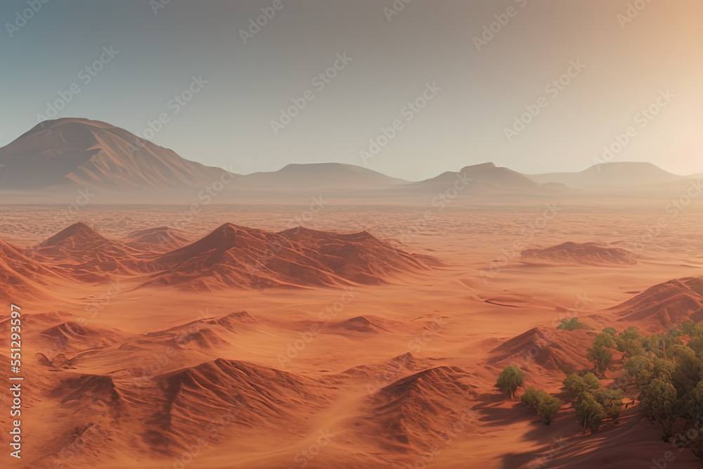 Fototapeta premium a desert with a mountain in the distance, a detailed matte painting
