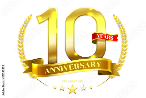 10 Years Anniversary with laurel wreath Golden Ribbon