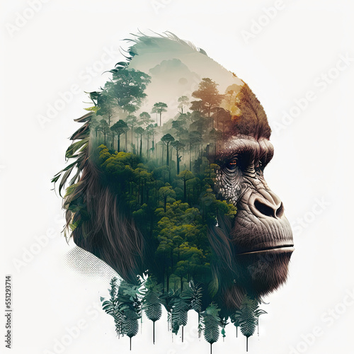 Double exposure of a saddened gorilla due to habitat loss