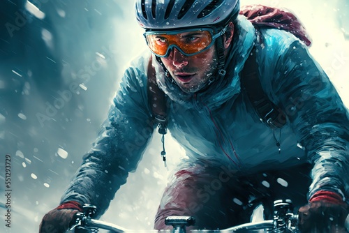 A fictional person, winter cyclist extreme sport, man on a bike
