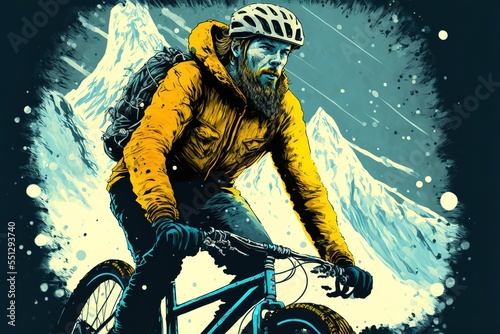 A fictional person, winter cyclist extreme sport, man on a bike