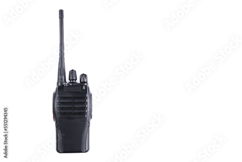 Black rectangle portable device with antenna isolated on white background. radio transceiver set for communication. radio set, walkie-talkie photo