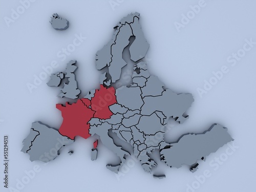 3D rendered map of Europe with bright colors focused on France and Germany