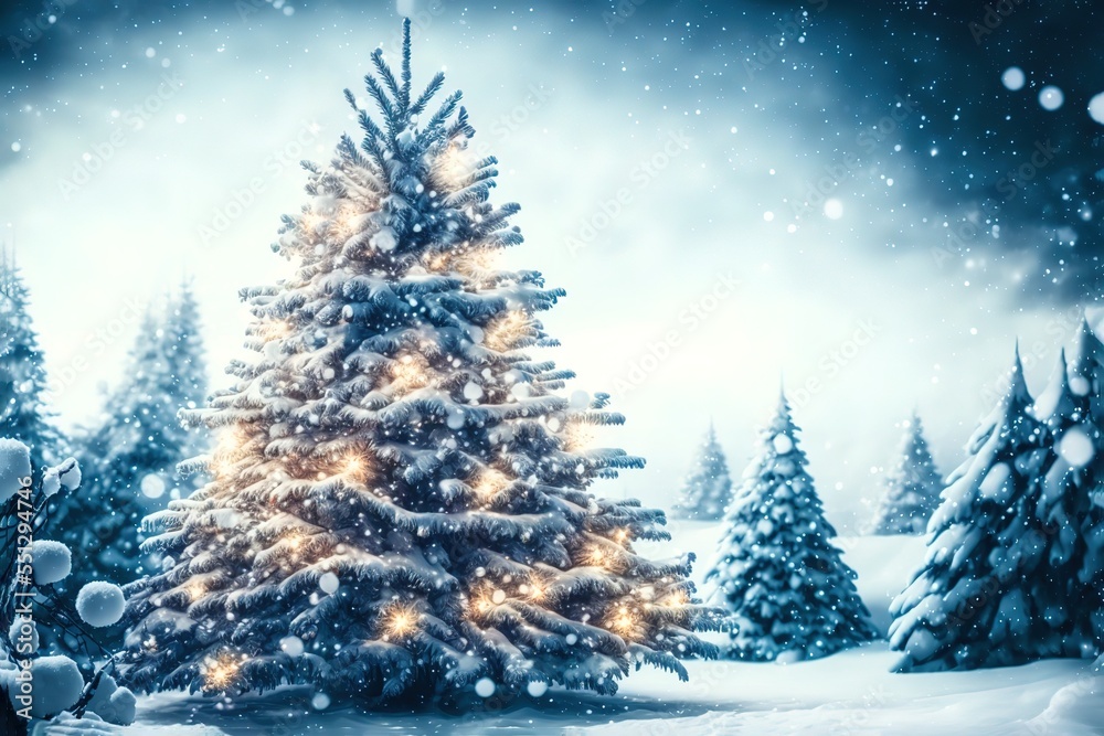 Christmas snow background. Xmas tree with snow decorated with garland lights, holiday festive background