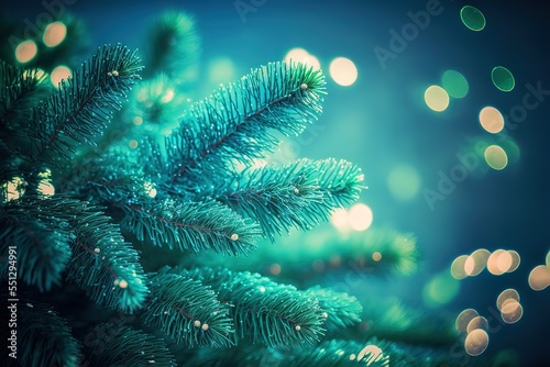close shot of green xmas tree and sparkle bokeh lights on blue background. Merry christmas card. Winter holiday theme. Happy New Year. Space for text