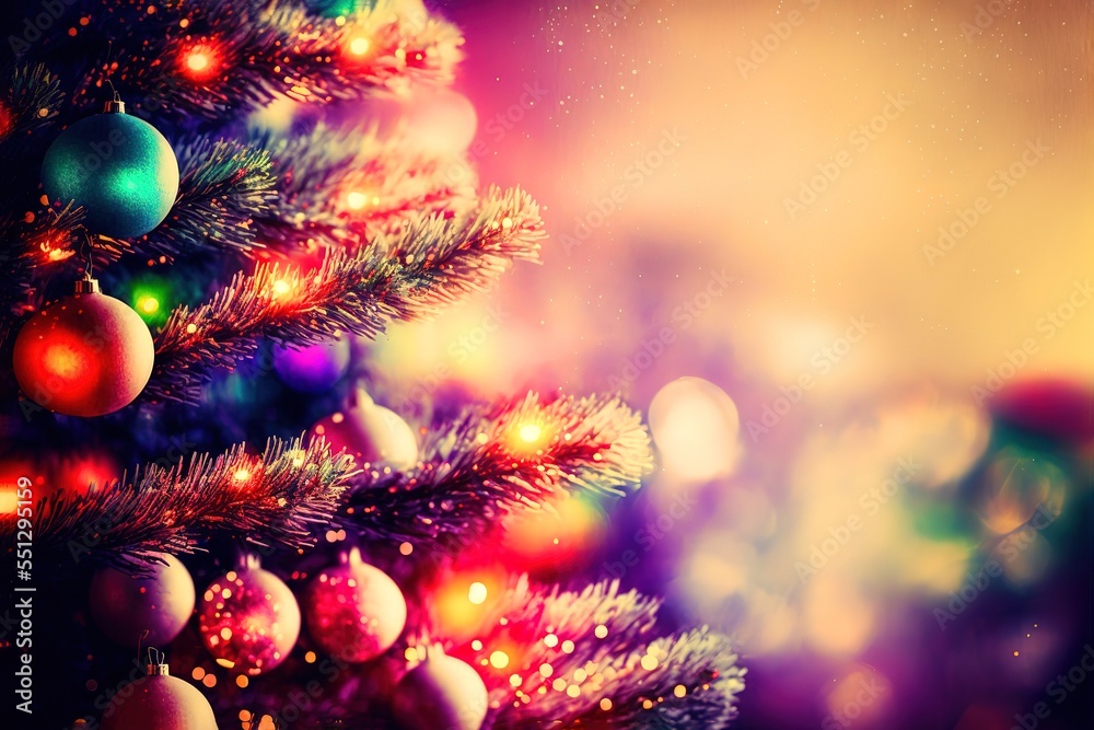 colorful Christmas background with close shot of xmas tree and sparkle bokeh lights on colorful canvas background. Merry christmas card. Winter holiday theme. Happy New Year. Space for text
