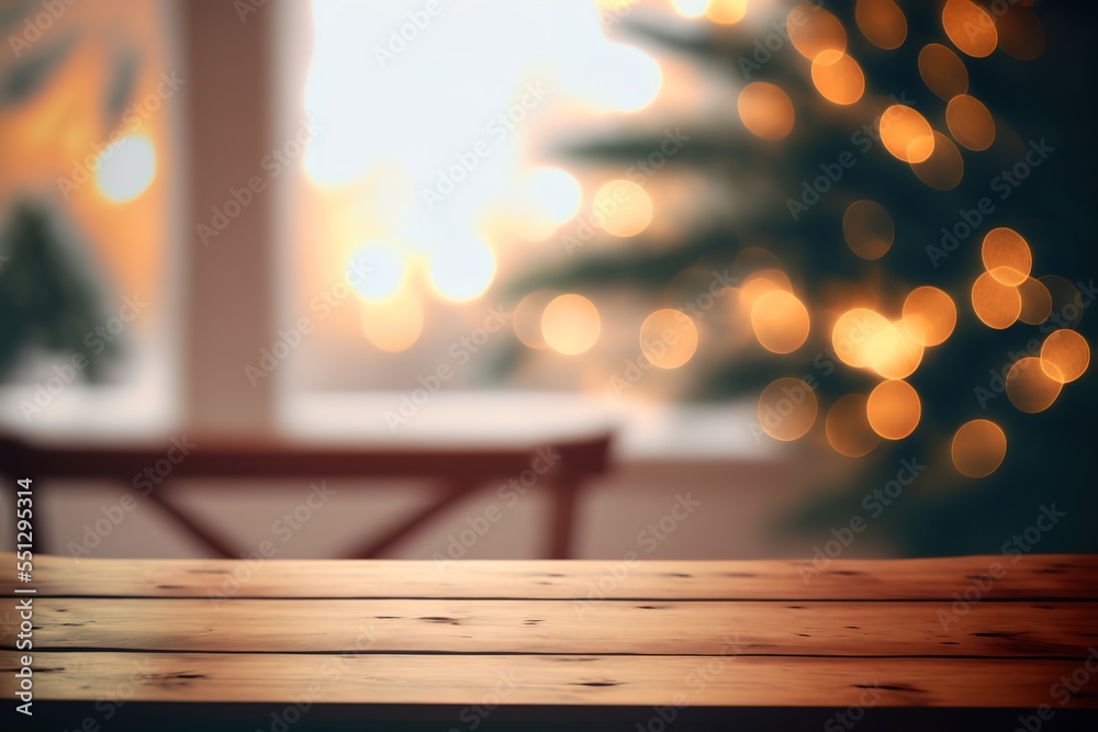 Empty woooden table top with abstract warm living room decor with christmas tree string light blur background with snow,Holiday backdrop,Mock up banner for display of advertise product. Empty woooden table top with abstract warm living room decor with christmas tree string light blur background with snow,Holiday backdrop,Mock up banner for display of advertise product.