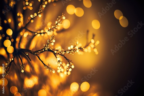Gold Christmas bokeh background of de-focused lights with decorated tree