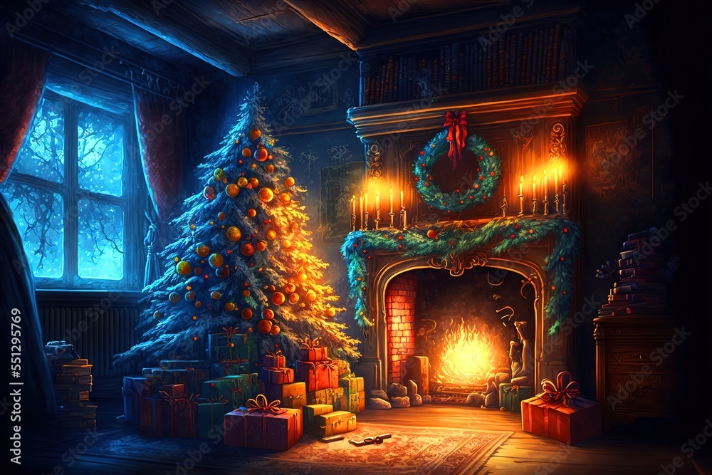 interior christmas. magic glowing tree, fireplace, gifts in dark