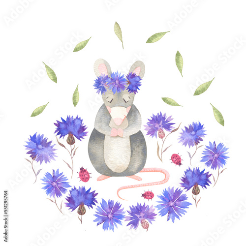 Сute gray mouse in cornflowers