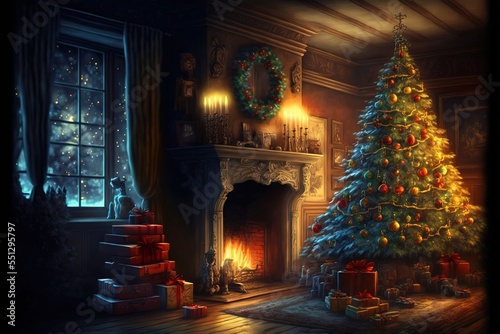 interior christmas. magic glowing tree  fireplace  gifts in dark