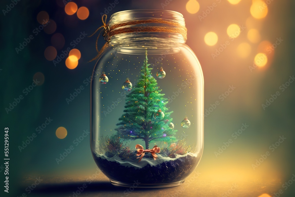 Merry Christmas and happy new year concept, Close up, Elegant Christmas tree in glass jar decoration. Merry Christmas and happy new year concept, Close up, Elegant Christmas tree in glass jar decoration.
