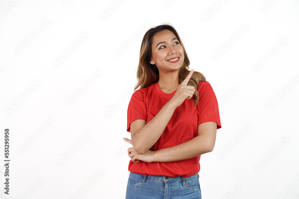 Studio shot of pretty Asian woman with red t-shirt isolated on white background. Pointing blank area Studio shot of pretty Asian woman with red t-shirt isolated on white background. Pointing blank area