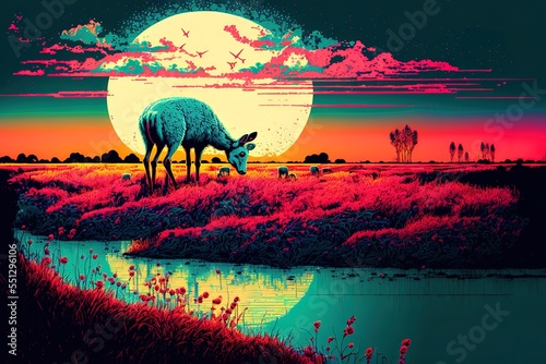 pastoral scene animals grazing on tall grass, otherworldly, cosmic, vivid colors © Rarity Asset Club