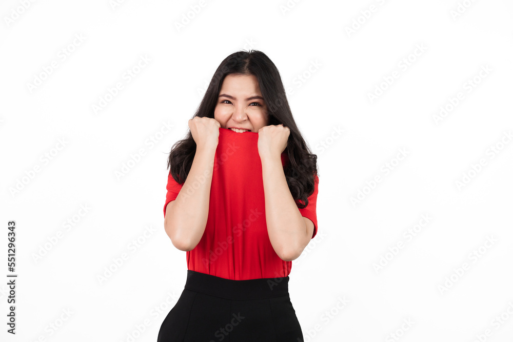 Female sports fan isolated, confident asian soccer fans wearing red t-shirt isolated on white background. Happy, shock, win, victory Female sports fan isolated, confident asian soccer fans wearing red t-shirt isolated on white background. Happy, shock, win, victory