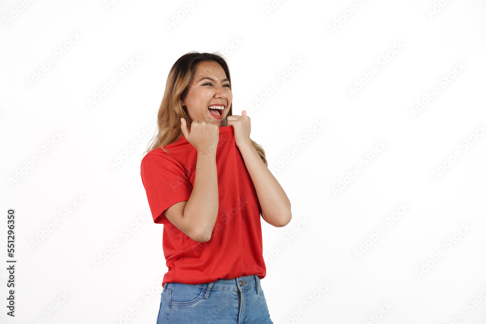 Studio shot of female asian soccer fans with red t-shirt isolated on white background. Sports fan isolated concept. Studio shot of female asian soccer fans with red t-shirt isolated on white background. Sports fan isolated concept.
