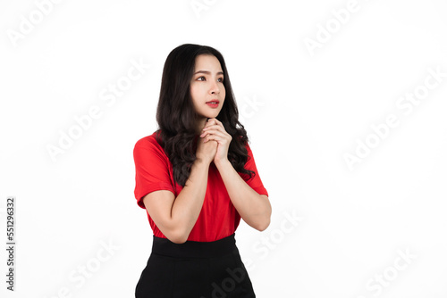 Female sports fan isolated, confident asian soccer fans wearing red t-shirt isolated on white background. Happy, shock, win, victory © makibestphoto