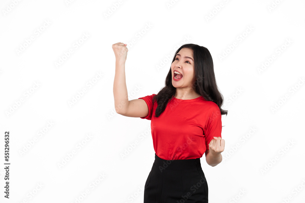 Female sports fan isolated, confident asian soccer fans wearing red t-shirt isolated on white background. cheerful, victory, win, surprise Female sports fan isolated, confident asian soccer fans wearing red t-shirt isolated on white background. cheerful, victory, win, surprise