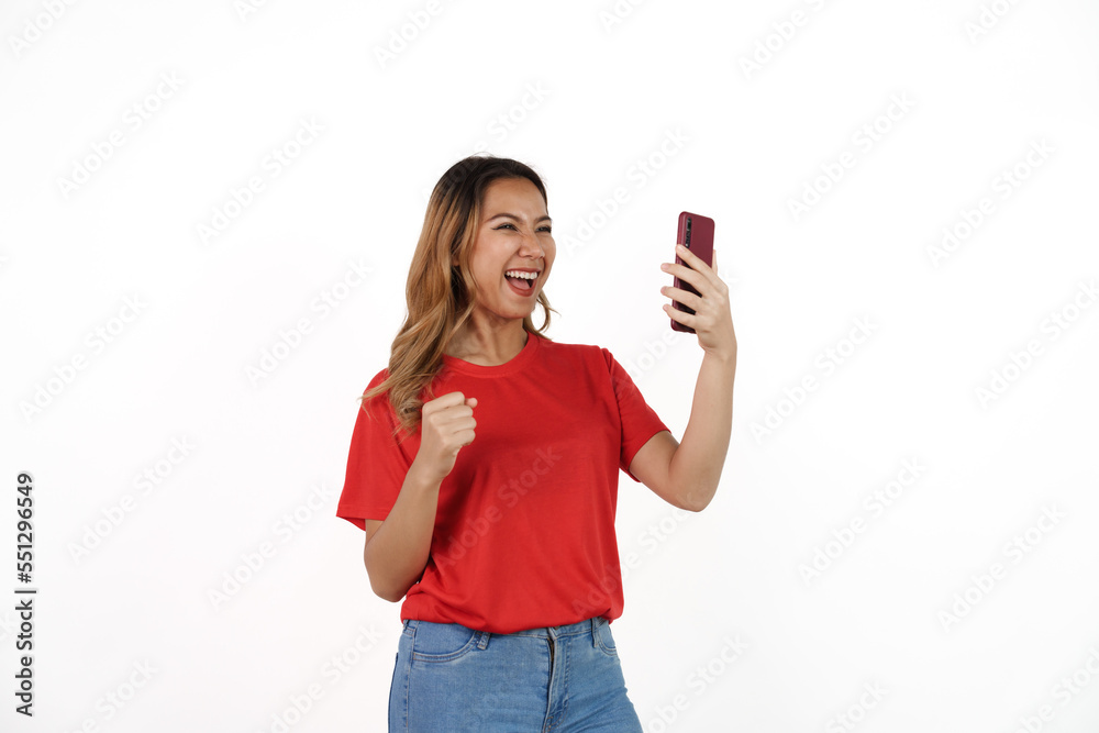 Naklejka premium Studio shot of female asian soccer fans with red t-shirt isolated on white background. Sports fan isolated concept.