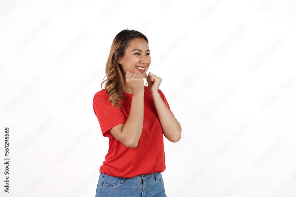 Studio shot of female asian soccer fans with red t-shirt isolated on white background. Sports fan isolated concept. Studio shot of female asian soccer fans with red t-shirt isolated on white background. Sports fan isolated concept.
