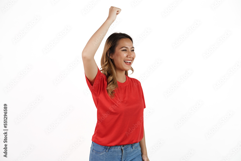 Studio shot of female asian soccer fans with red t-shirt isolated on white background. Sports fan isolated concept. Studio shot of female asian soccer fans with red t-shirt isolated on white background. Sports fan isolated concept.