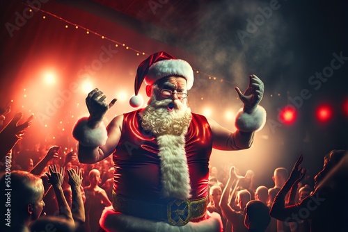 Santa Claus celebrates the opening of the Christmas season. Performing on stage during the wild party. Santa Claus the star of the night.