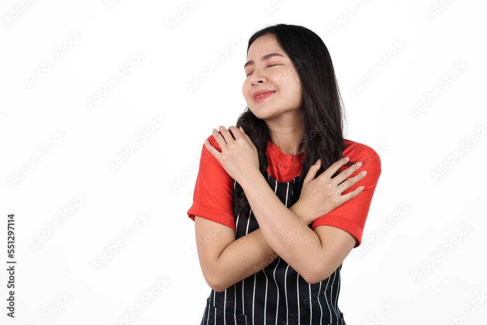 Love yourself, impressive, Food shop owner concept, Smiling young confident asian woman in black apron and red t-shirt isolated on white background. Love yourself, impressive, Food shop owner concept, Smiling young confident asian woman in black apron and red t-shirt isolated on white background.