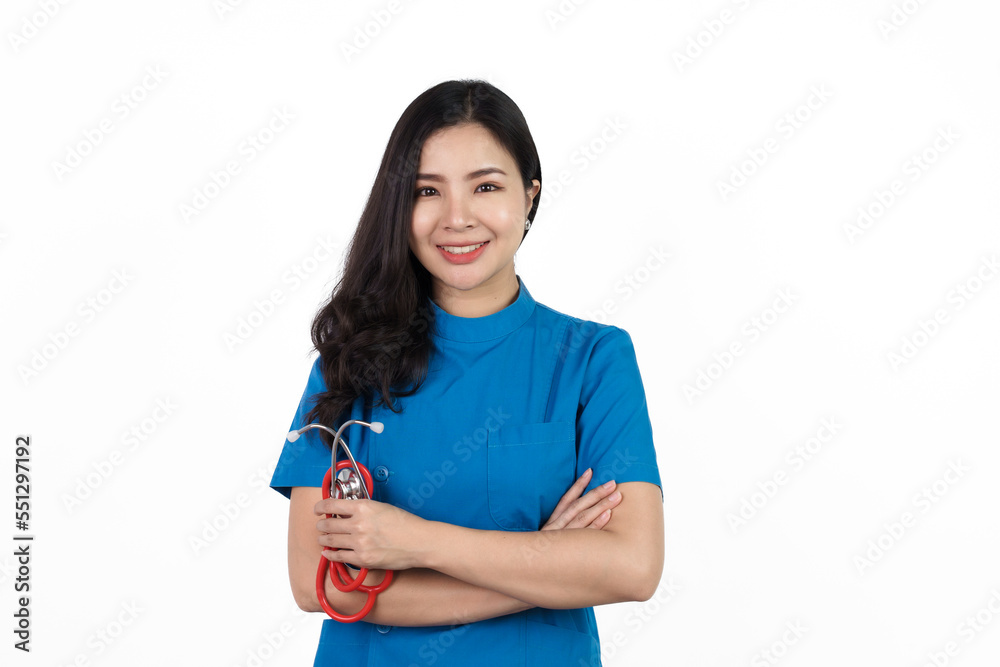 Looking camera, Medical nurse character woman hospital worker, Young confident Asian woman nurse hospital worker in blue clothing isolated on white background. Looking camera, Medical nurse character woman hospital worker, Young confident Asian woman nurse hospital worker in blue clothing isolated on white background.