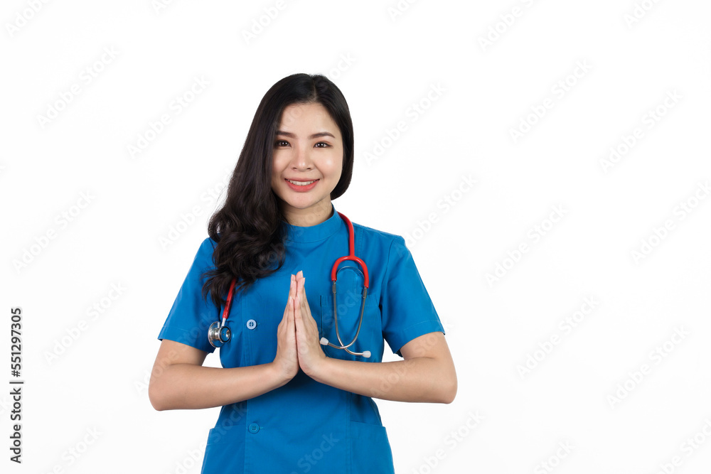 Sawadee (Thai greeting) Medical nurse character woman hospital worker, Young confident Asian woman nurse hospital worker in blue clothing isolated on white background. Sawadee (Thai greeting) Medical nurse character woman hospital worker, Young confident Asian woman nurse hospital worker in blue clothing isolated on white background.