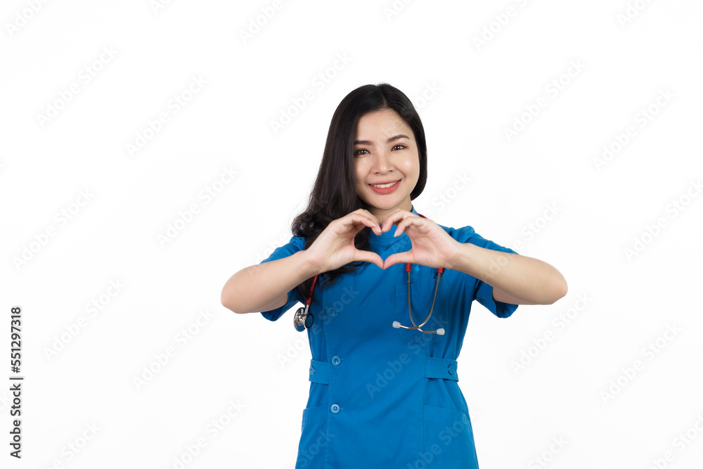 Heart shape hands showing, Medical nurse character woman hospital worker, Young confident Asian woman nurse hospital worker in blue clothing isolated on white background. Heart shape hands showing, Medical nurse character woman hospital worker, Young confident Asian woman nurse hospital worker in blue clothing isolated on white background.