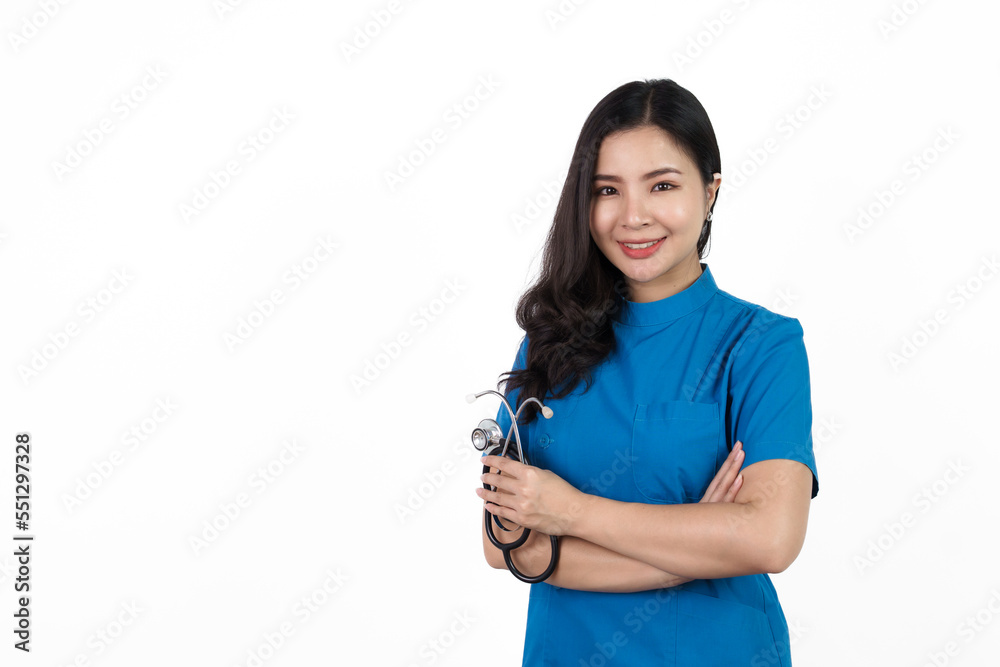Holding stethoscope, Medical nurse character woman hospital worker, Young confident Asian woman nurse hospital worker in blue clothing isolated on white background.