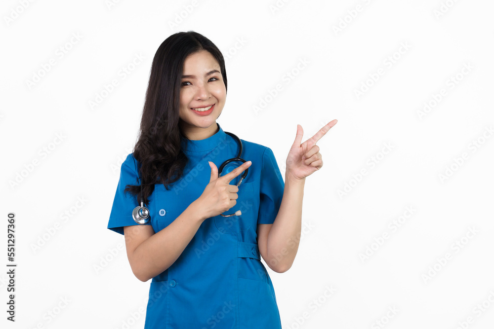 Hands pointing, Medical nurse character woman hospital worker, Young confident Asian woman nurse hospital worker in blue clothing isolated on white background. Hands pointing, Medical nurse character woman hospital worker, Young confident Asian woman nurse hospital worker in blue clothing isolated on white background.