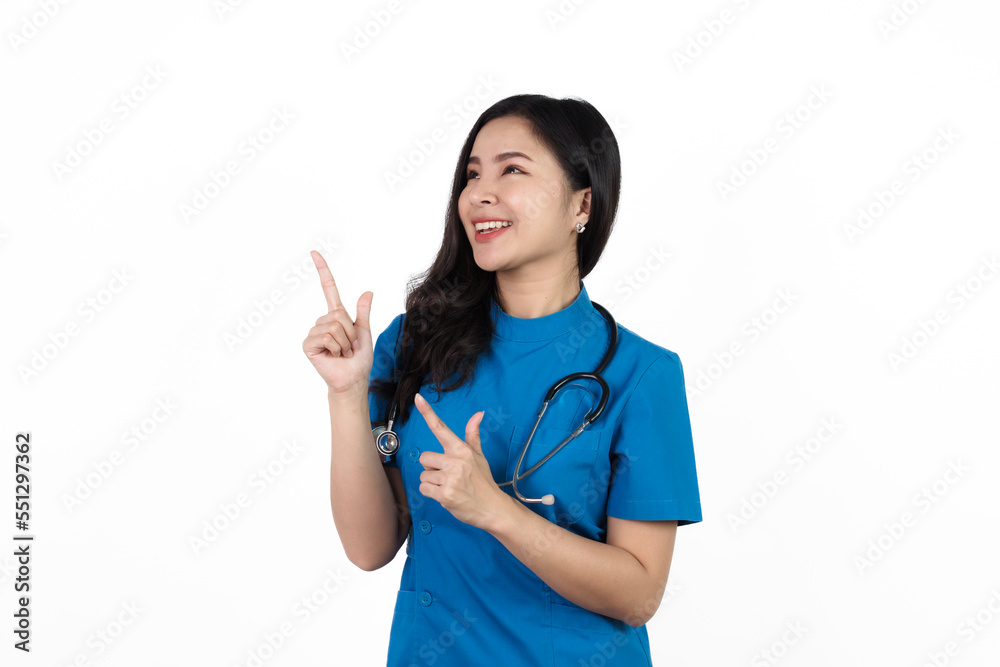 Hands pointing, Medical nurse character woman hospital worker, Young confident Asian woman nurse hospital worker in blue clothing isolated on white background. Hands pointing, Medical nurse character woman hospital worker, Young confident Asian woman nurse hospital worker in blue clothing isolated on white background.