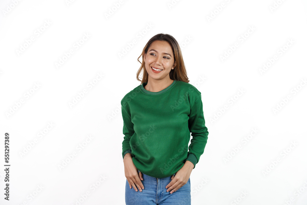 Attractive beautiful asian woman in green sweater isolated on white background. Attractive beautiful asian woman in green sweater isolated on white background.
